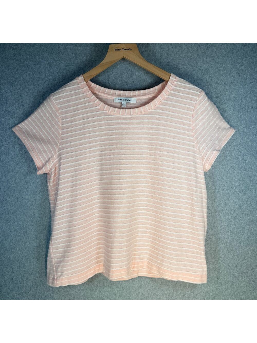 Rose + Olive Womens Top Size Large Pink White Striped Cotton Short Sleeve Shirt